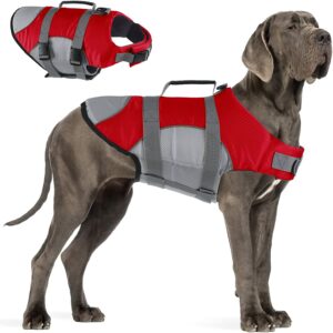 Ripstop Life Vest for Small Large Size Dogs Middle Fish Style Floatation Vest with Adjustable Soft Rubber Handle Queenmore Dog Life Jacket 